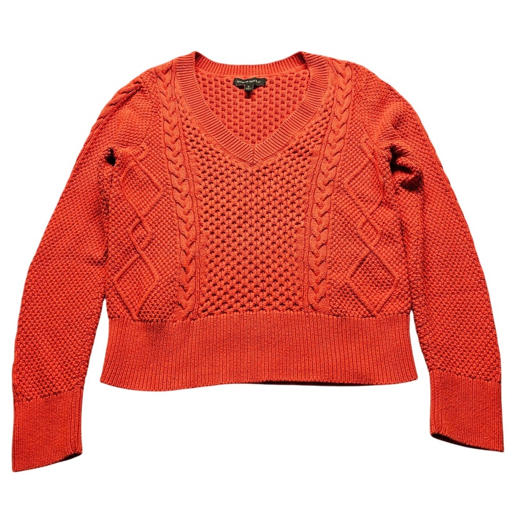 Banana Republic Cable Knit V-Neck Sweater Womens S Orange Long Sleeve Pullover